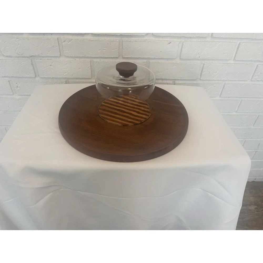 Vintage MCM Wood Cheese Board Glass Cloche Dome Serving Tray Striped Inlay 12in